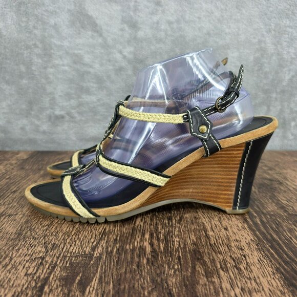 Aerosoles Swish Bone Strappy Wedge Sandals 11 Black Leather Natural Jute Comfort - Picture 8 of 14